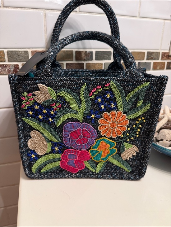 Anerica & Beyond Handbags - America & Beyond Beaded Floral Tote Bag in Dark Blue